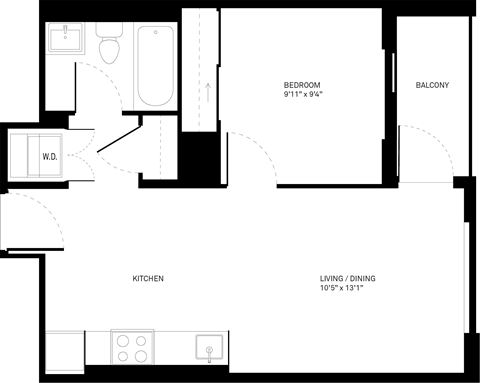 Floor plan for 1 bed, 1 bath, 505 sqft